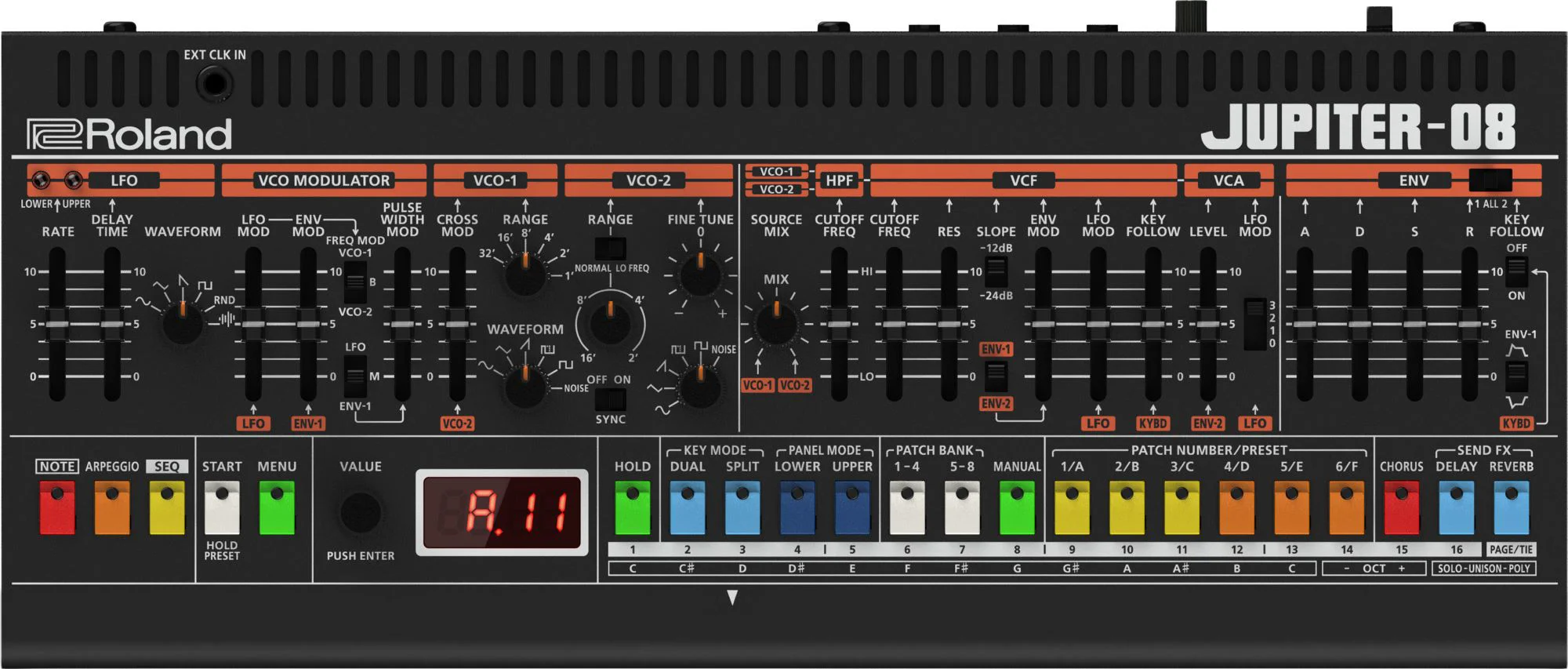 Analoger Synthesizer, Schwarz, Tasteninstrument, Roland Jupiter-08, Regler und Schieberegler
